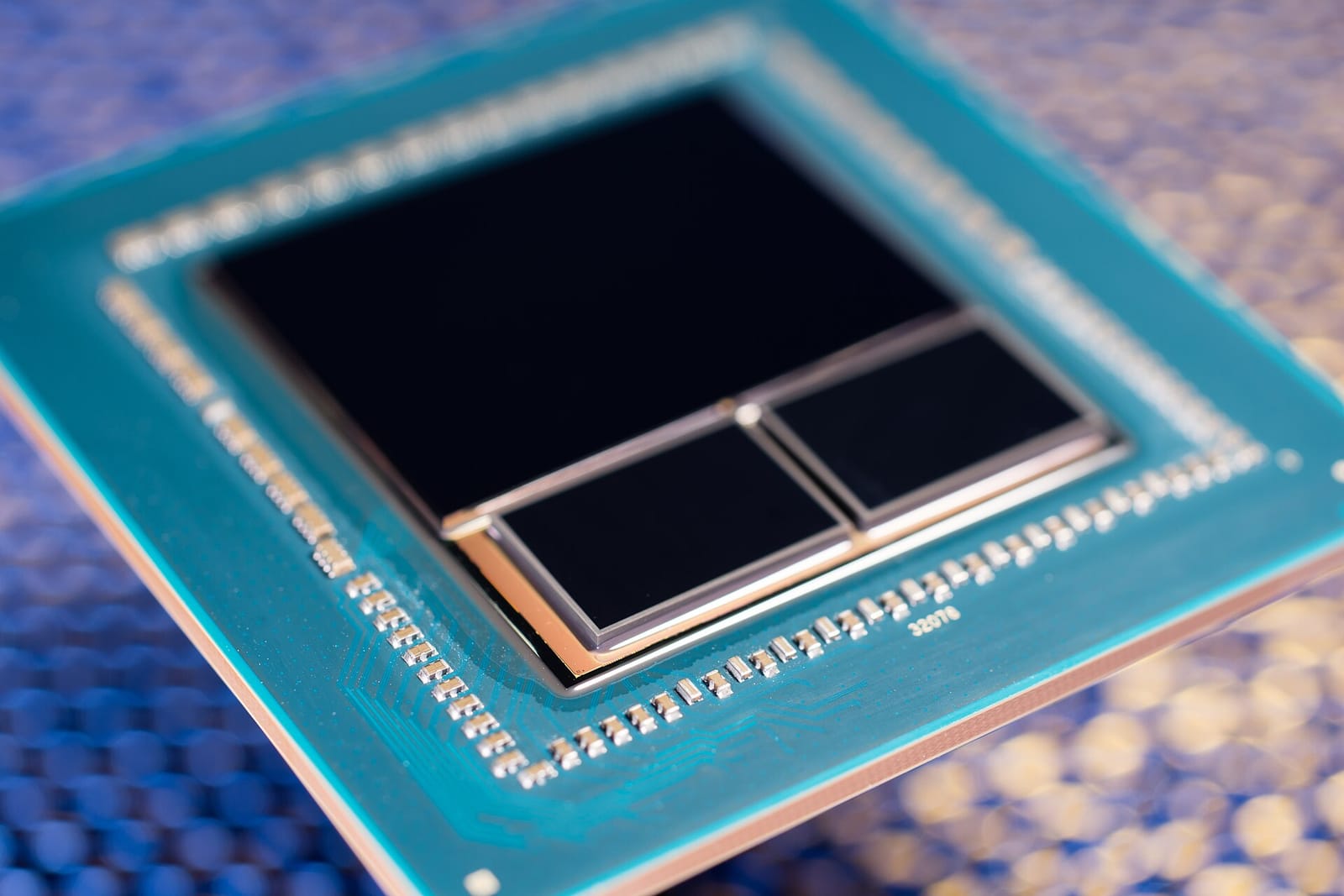 An AMD Vega 10 GPU package with the graphics die next to two HBM2 memory stacks on an interposer