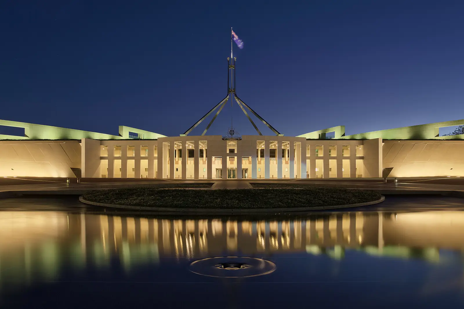 Parliament House in Canberra at dusk